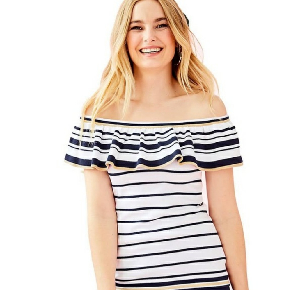 Lilly Pulitzer Sweater Top Short Sleeve Off Shoulder Perelle Medium NEW Ruffle - Picture 2 of 5
